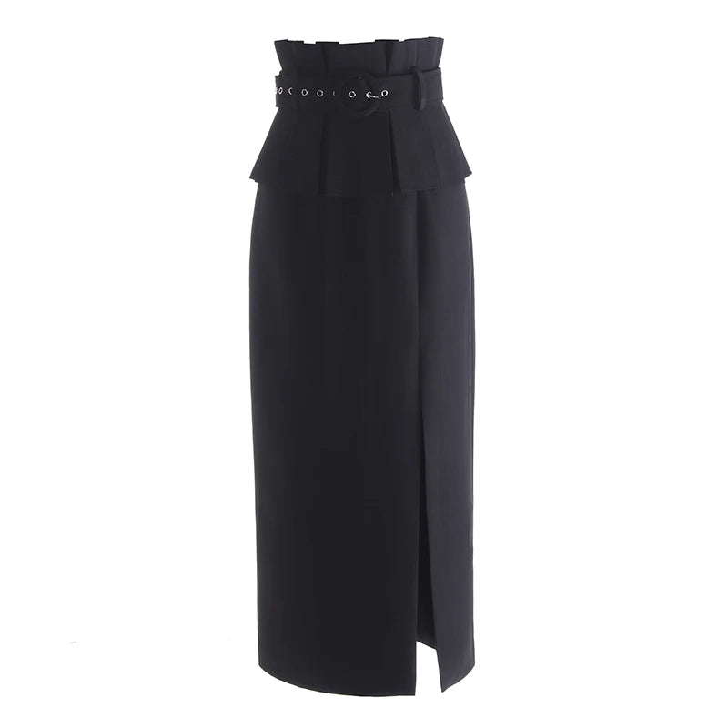 Spring New Wide Ruffled Belt DecorationSolid Color Straight Hight Waist Long Skirts