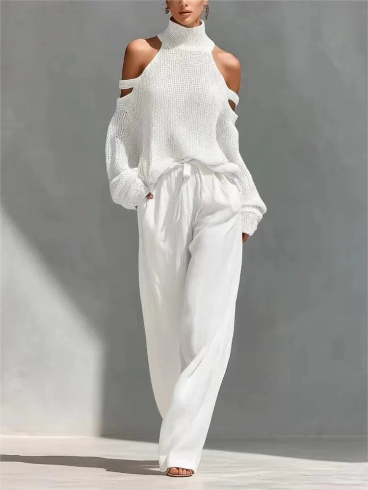 Fashion High Collar Off-Shoulder Knitted 2‑Piece Set – Sexy Hollow Top & Loose Wide-Leg Trousers