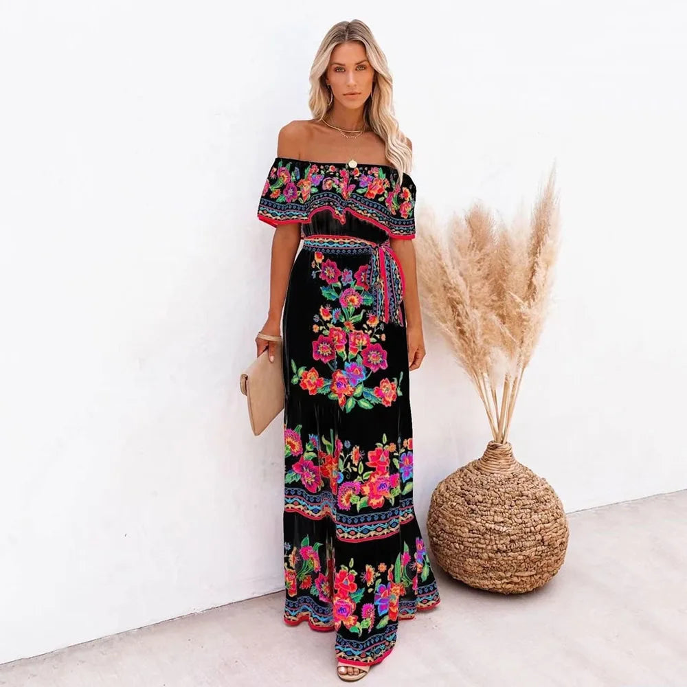 Spring Summer Red Floral One-Shoulder Lace-Up Maxi Dress