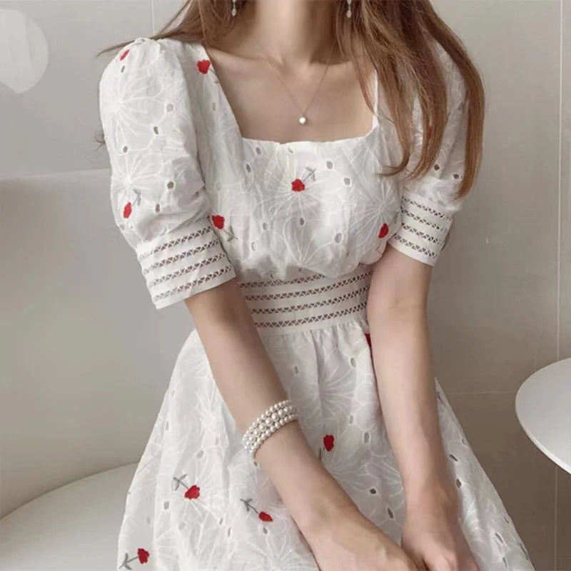 Embroidery Square Neck Hollow A-line Dress