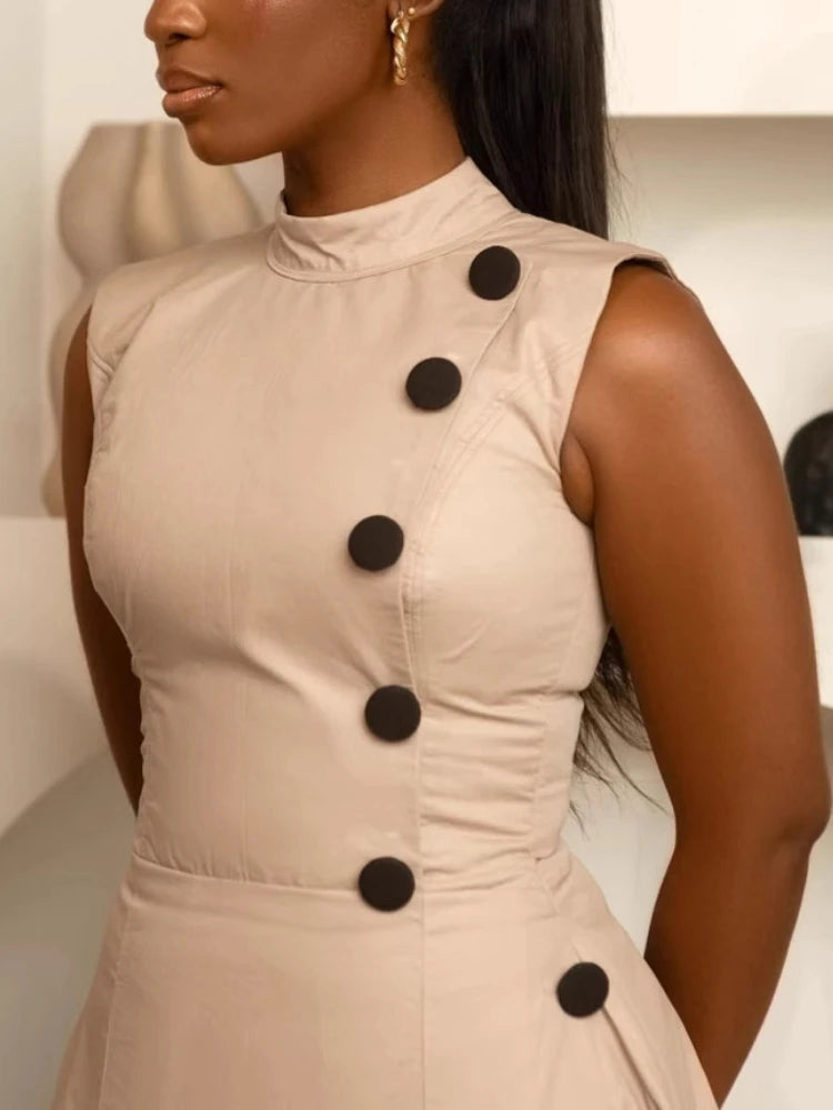 Khaki Tank A Line Half High Collar Sleeveless Button High Waist Dress