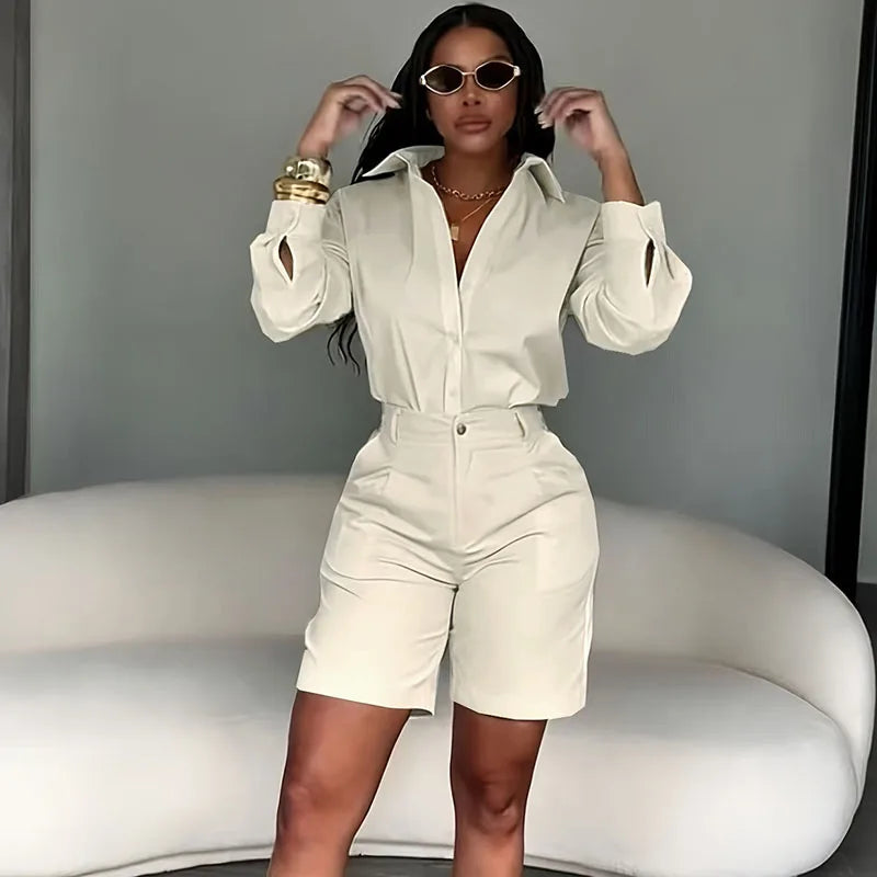 Solid Elegant Two‑Piece Set – Long Sleeve Shirt & Shorts Matching Outfit