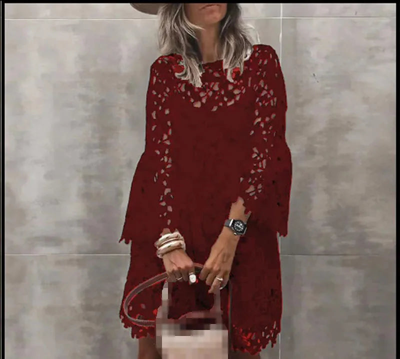 Summer NEthnic Style Sexy Lace Hollow Fashion Printed Temperament Long Sleeve Short Casual Dress