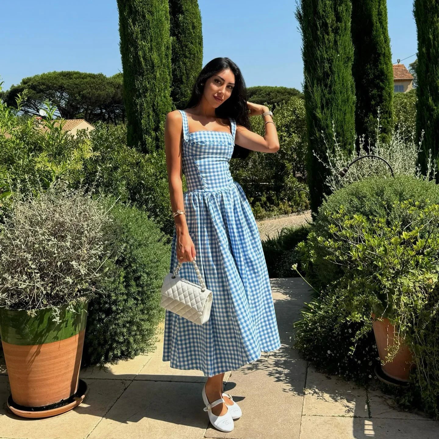 Midi Blue and White Plaid Dress with Pocket