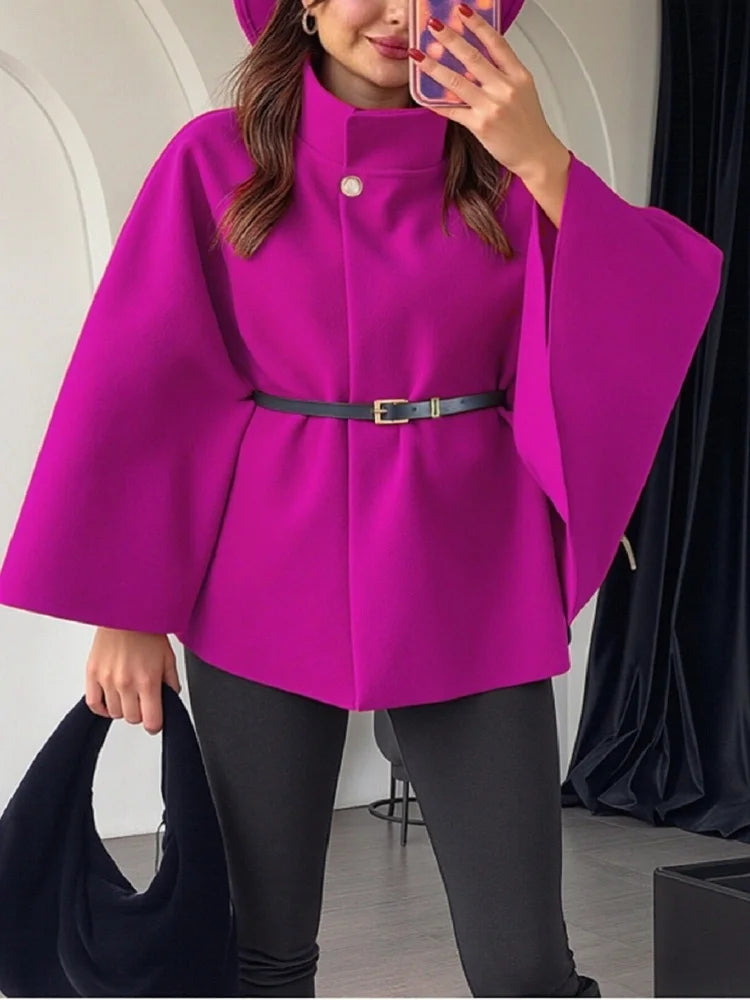 Elegant Woolen Cape Coat for Women – Belted, Fitted Waist, Winter Chic One-Piece