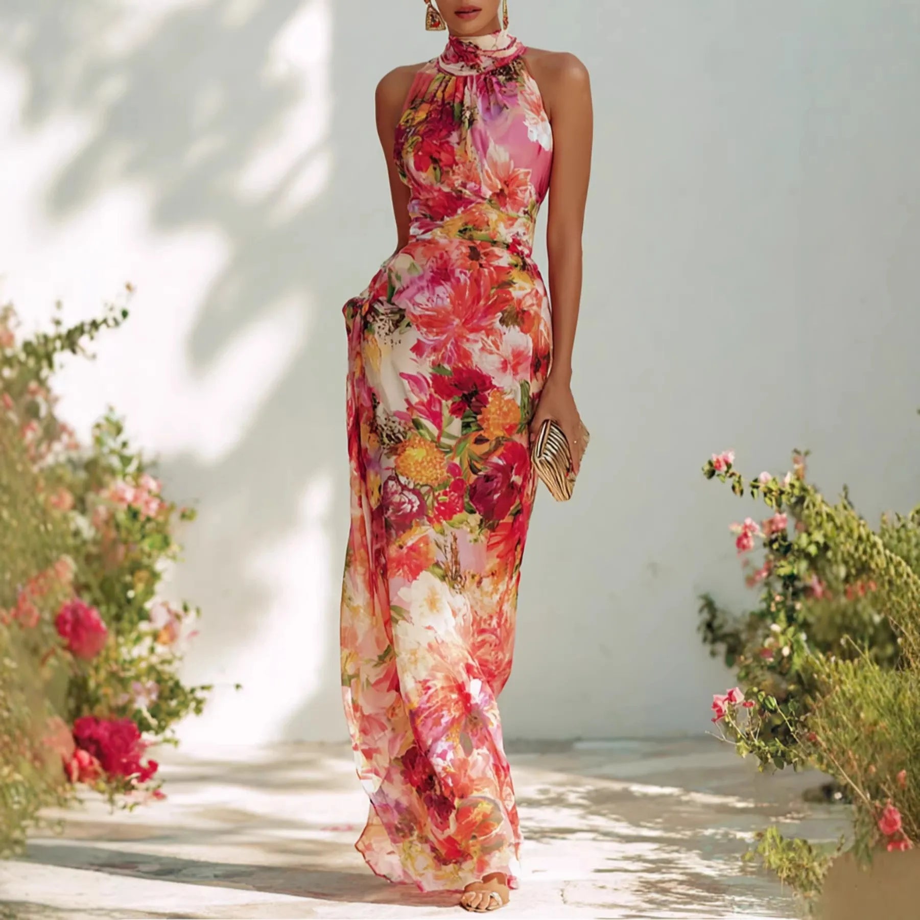 Fashion Floral Print Slim Long Dress