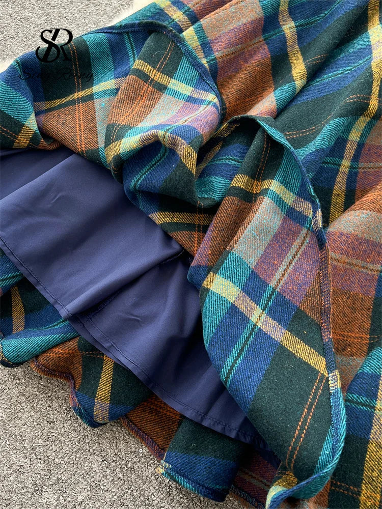 Fashion Spring Knitted Loose Pullovers+Plaid A Line Long Skirt