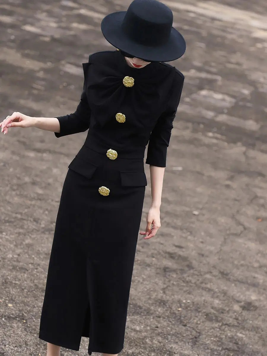 High End Autumn New Style Elegant Socialite Bow Metal Buckle Slim Fit and Solid Color Hip Hugging Dress