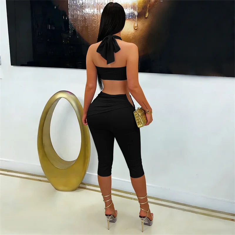 Sexy Rave Club Party Halter Draped Bra Top and Knee Length Pants Matching Sets