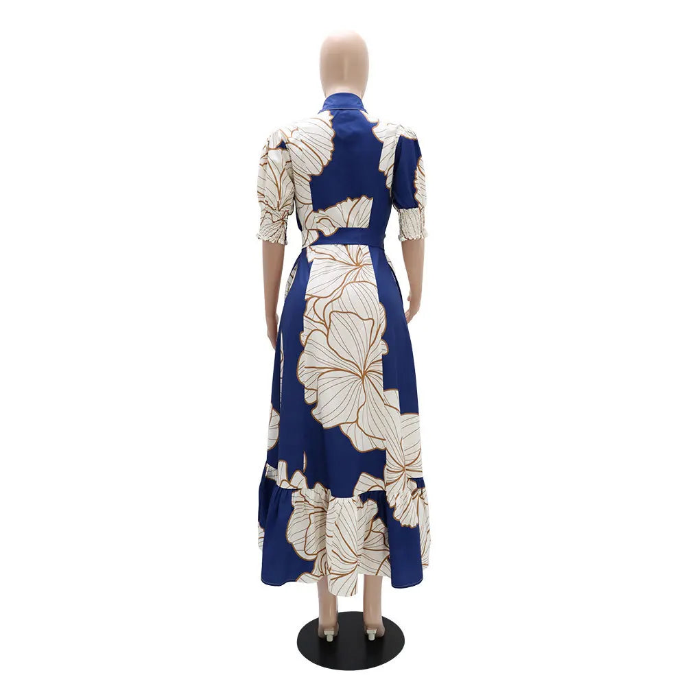 Long Print Elegant Office A Line Half Sleeves High Waist Maxi Dress