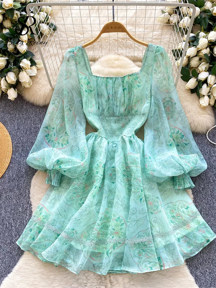 Print Lace Chiffon Square Collar Lantern Sleeve Slim A-Line Dress
