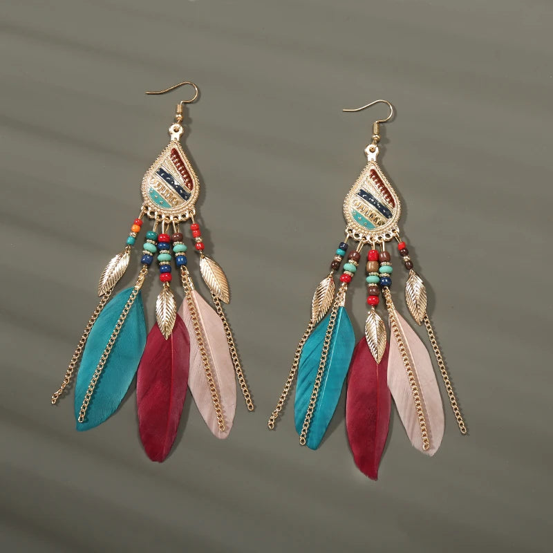 Boho Long Feather Dangle Earrings – Handmade Tassel & Enamel Flower Statement Jewelry for Women