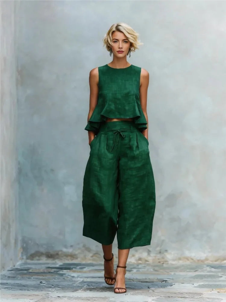 New Linen Ruffled Crop Vest & 9/10 Wide-Leg Pants Set – Effortless Chic, All Day Comfort