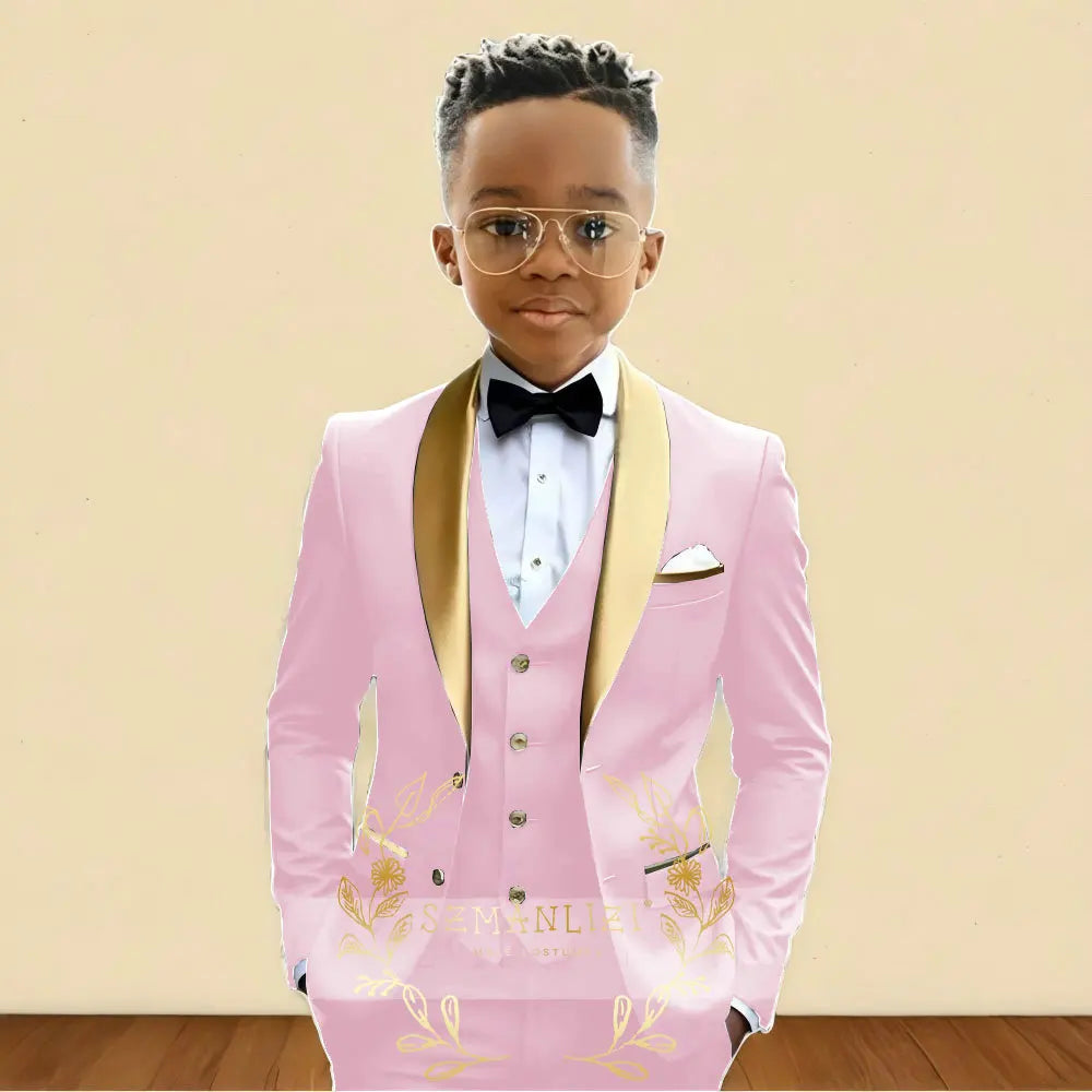 3‑Piece Boys Wedding Suit with Gold Shawl Lapel (2–16 Years)