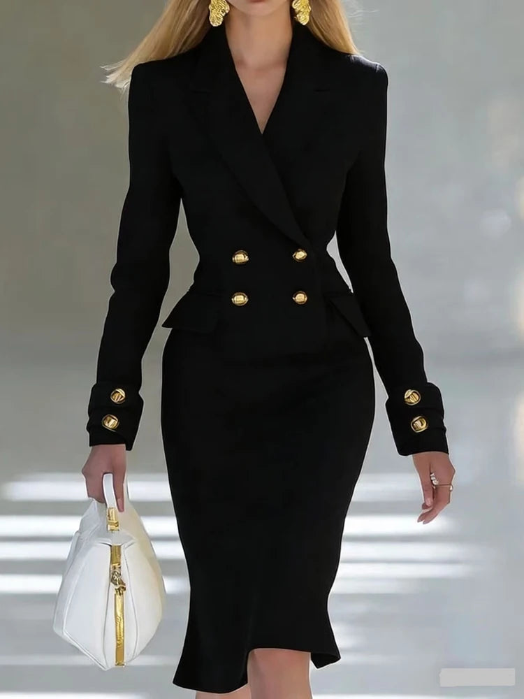Elegant V‑Neck Double‑Breasted Blazer Dress