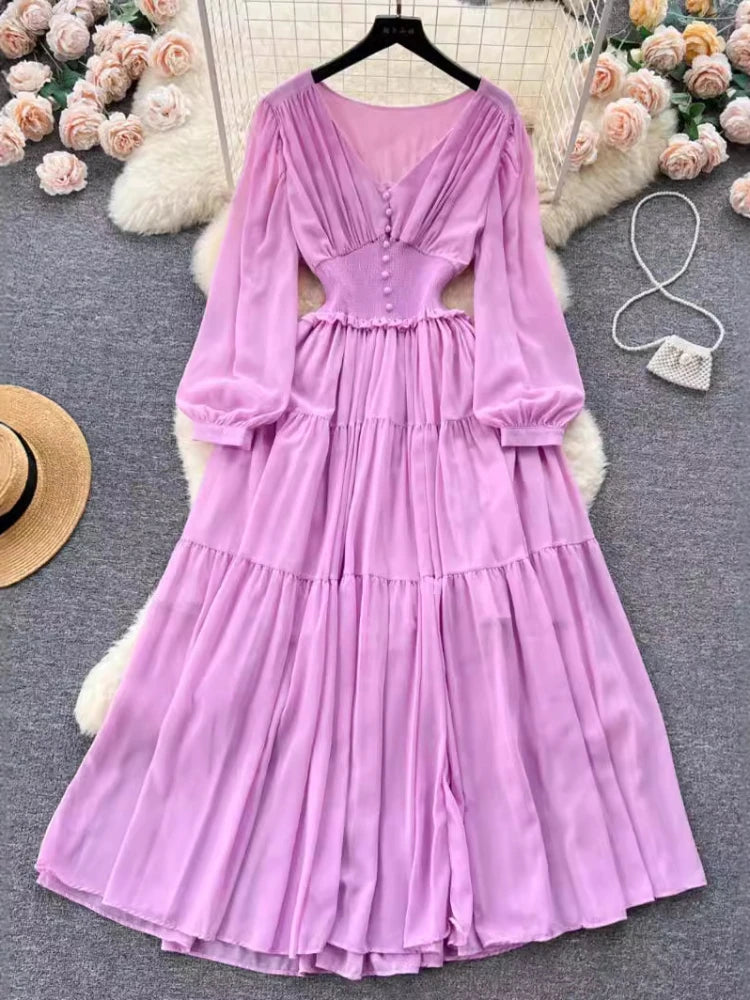 Vintage Chiffon  Elegant V-neck Long Sleeved Casual Dresses