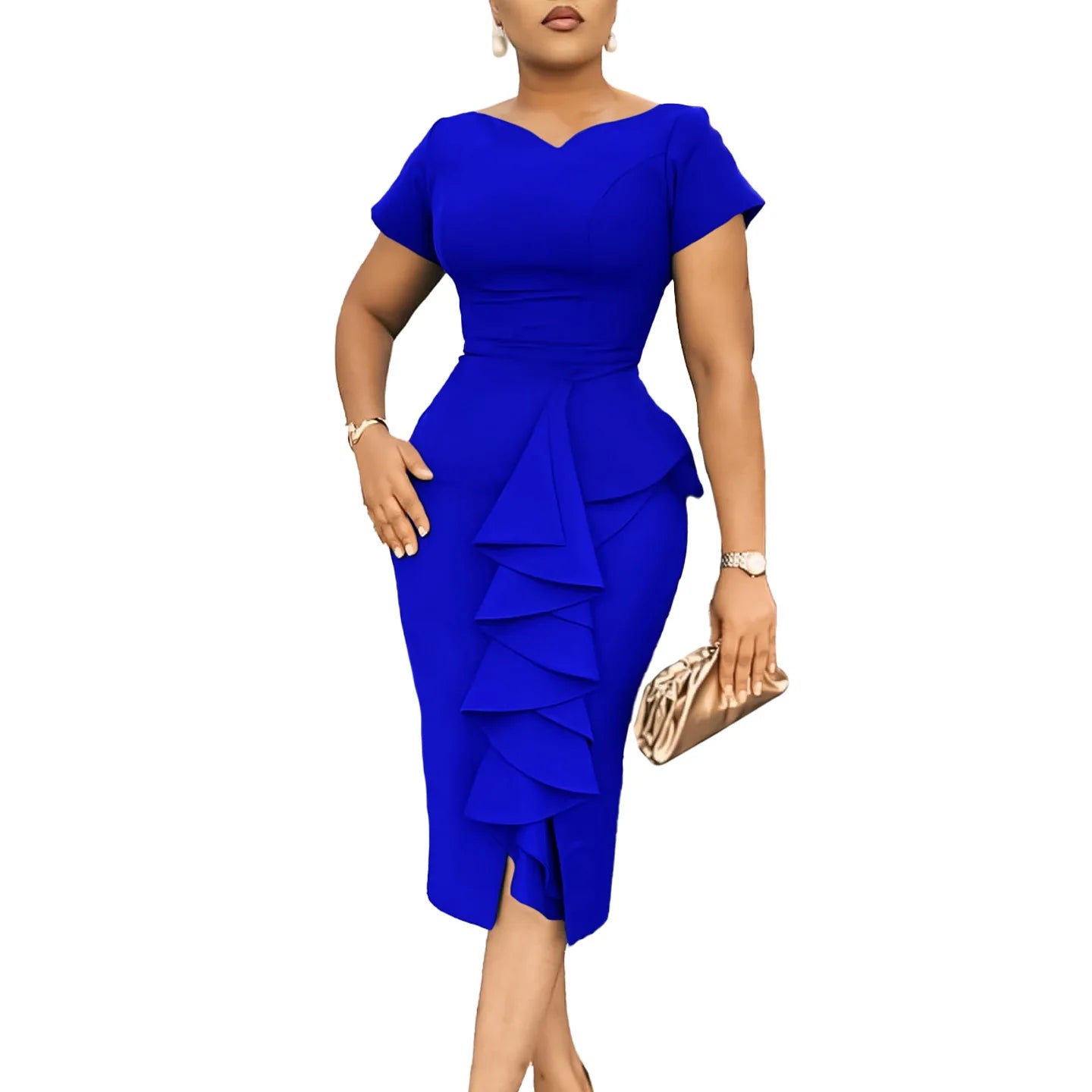 2025 New Fashion Short Sleeve Solid Color Ruffled High-Waisted Dress