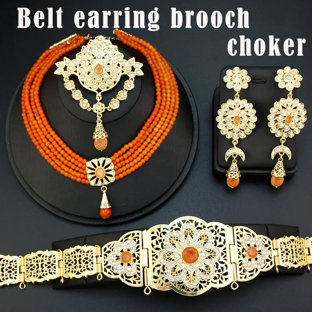 Gold Color Caftan Waist Chain Belt Orange Bead Choker Necklace Drop Earring Brooch
