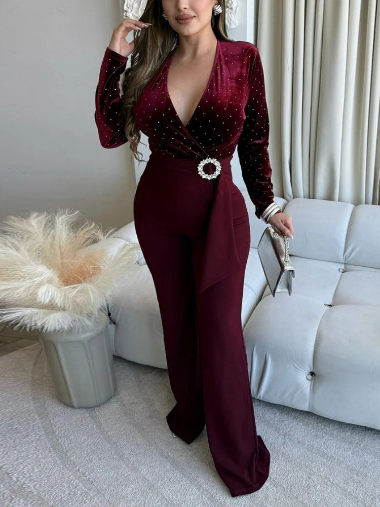 Sexy Velvet Patchwork Deep V Neck Flare Jumpsuits