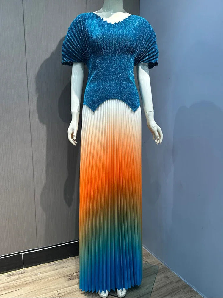Fashion V Neck Short Batwing Sleeves Irregular Hem T-shirt & New Gradient A-line Folds Long Skirt