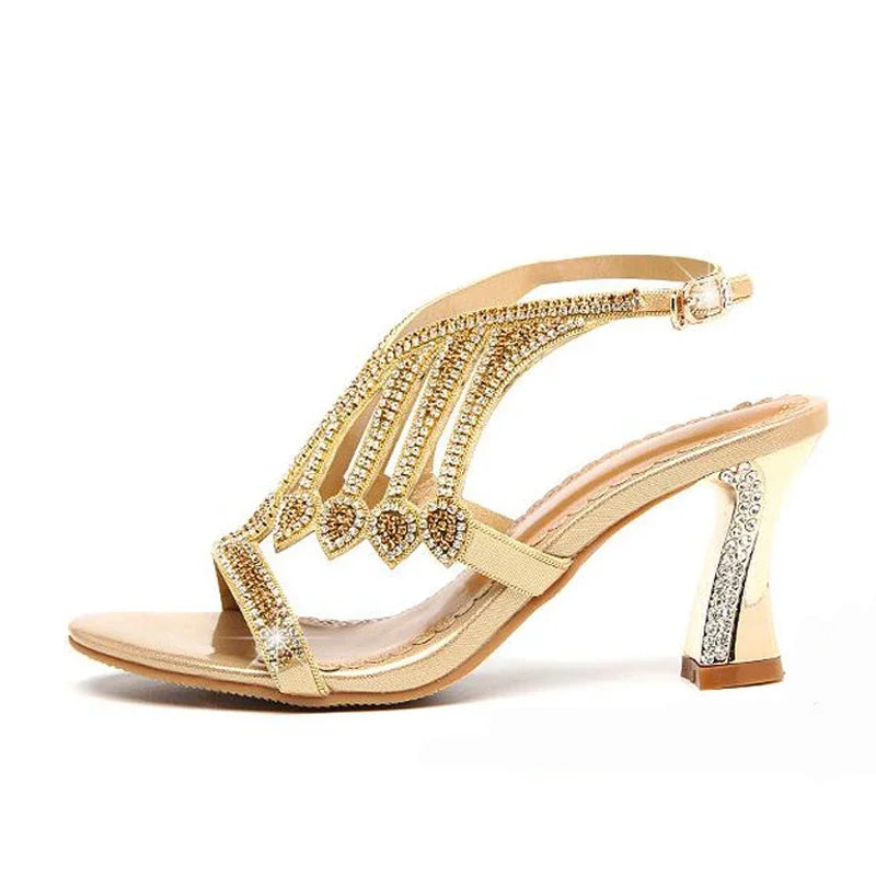 Summer Style Gold Coloured Rhinestone  High Heeled Sandals