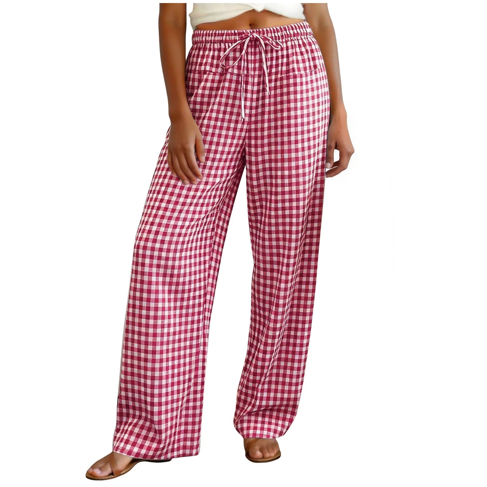 High Waisted Wide Leg Plaid Drawstring Casual Trousers