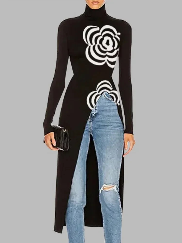 Winter Knitted  Black Flower Design Slim Fit Asymmetric High Neck Long Sweaters