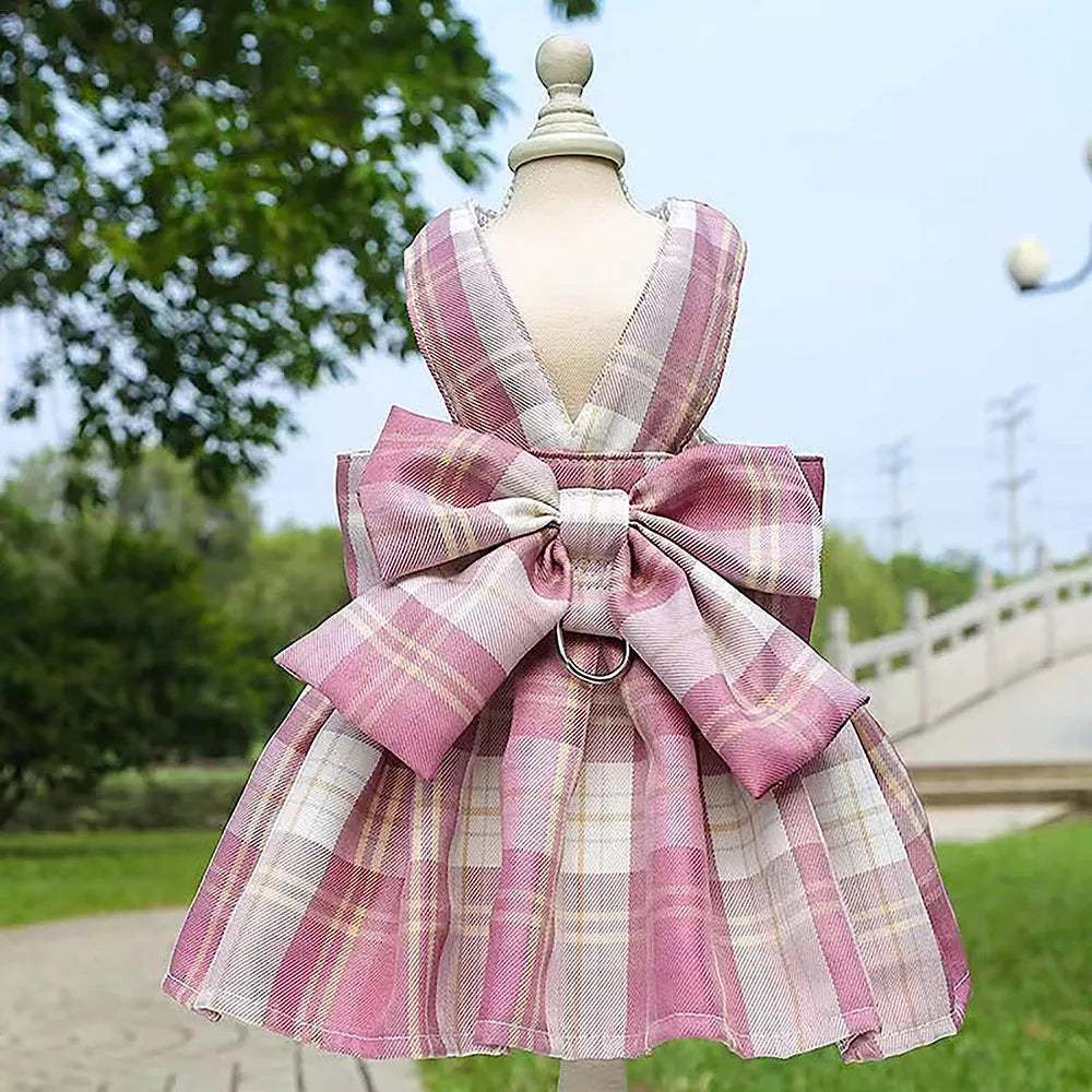 Plaid Dog Dress Bow Tie Harness Leash Set for Small Dogs Cats