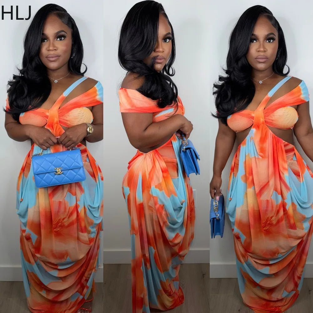 Sexy Tie Dye Patchwork Bodycon One Shoulder Hollow Out  Backless Long Dress for Beach