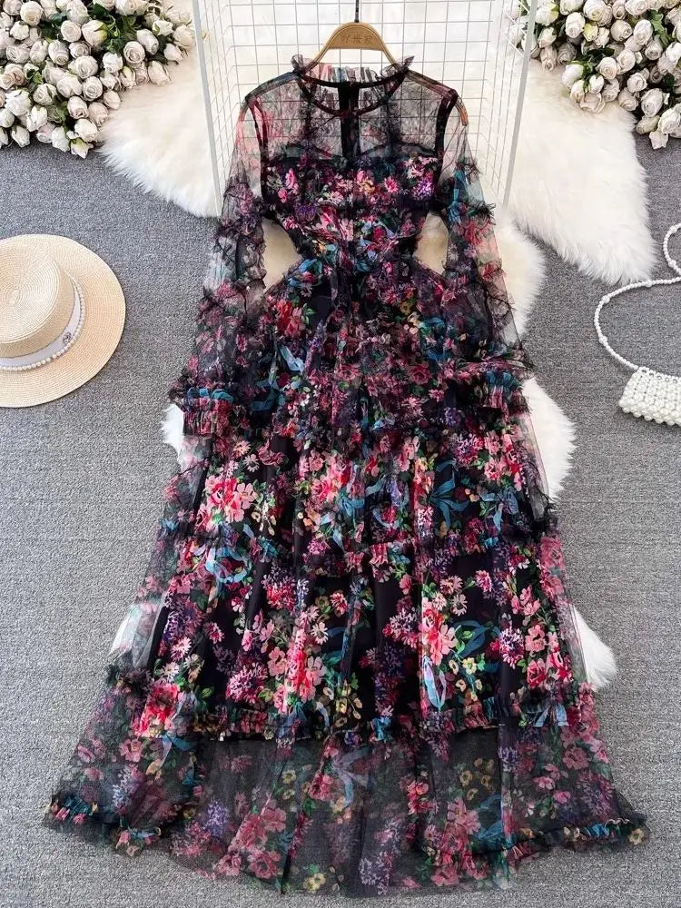 French Elegant Print Gorgeous Flower Cascading Ruffles Long Dress