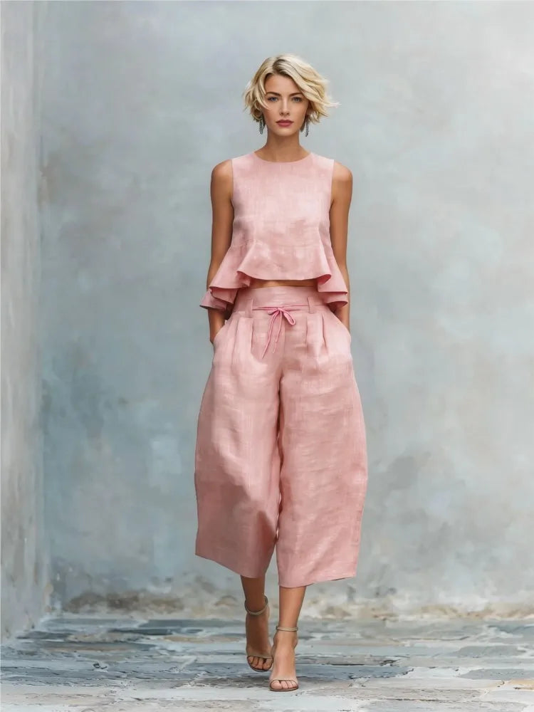 New Linen Ruffled Crop Vest & 9/10 Wide-Leg Pants Set – Effortless Chic, All Day Comfort