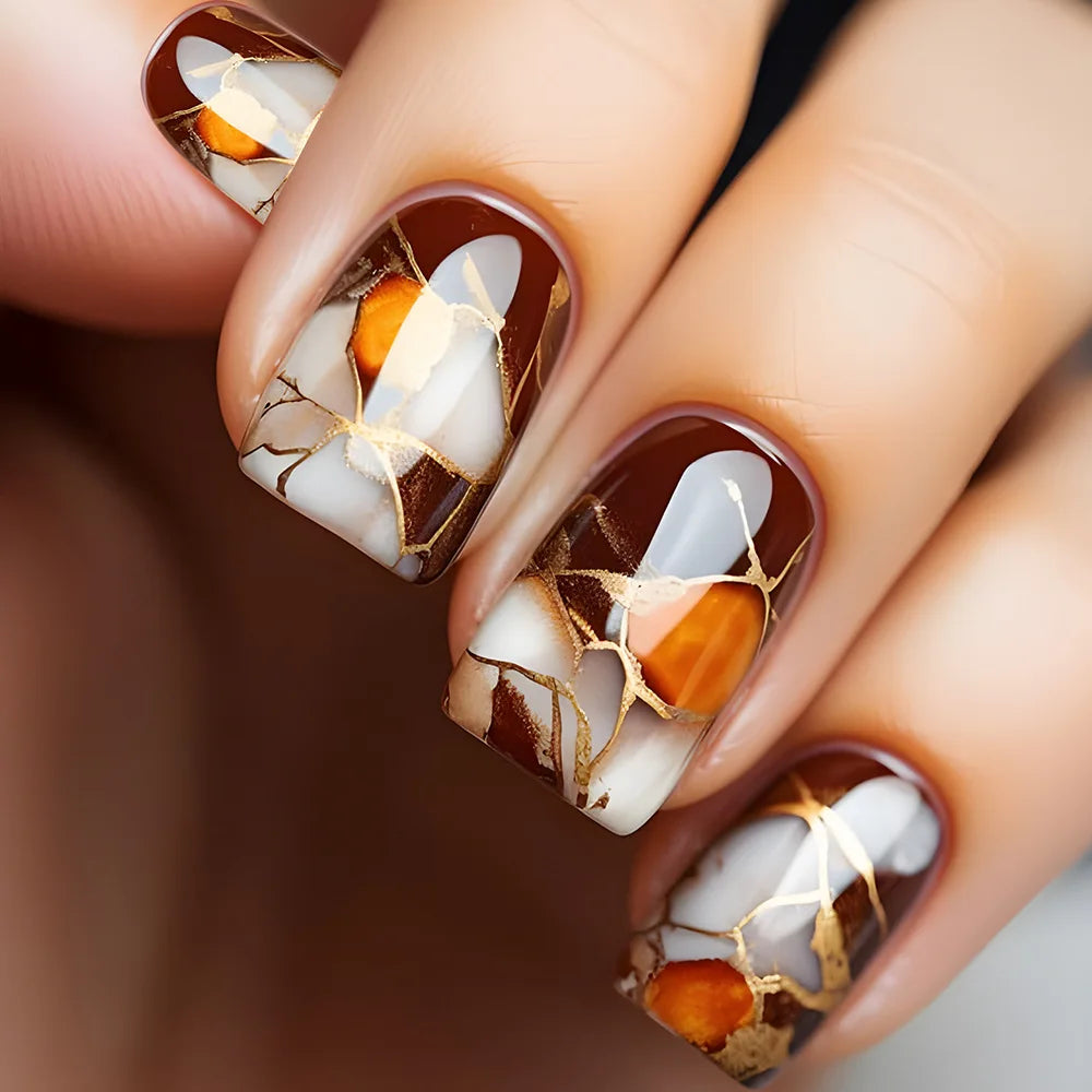 24Pcs Mid-length Square Press-On Nails with Golden Butterfly Design