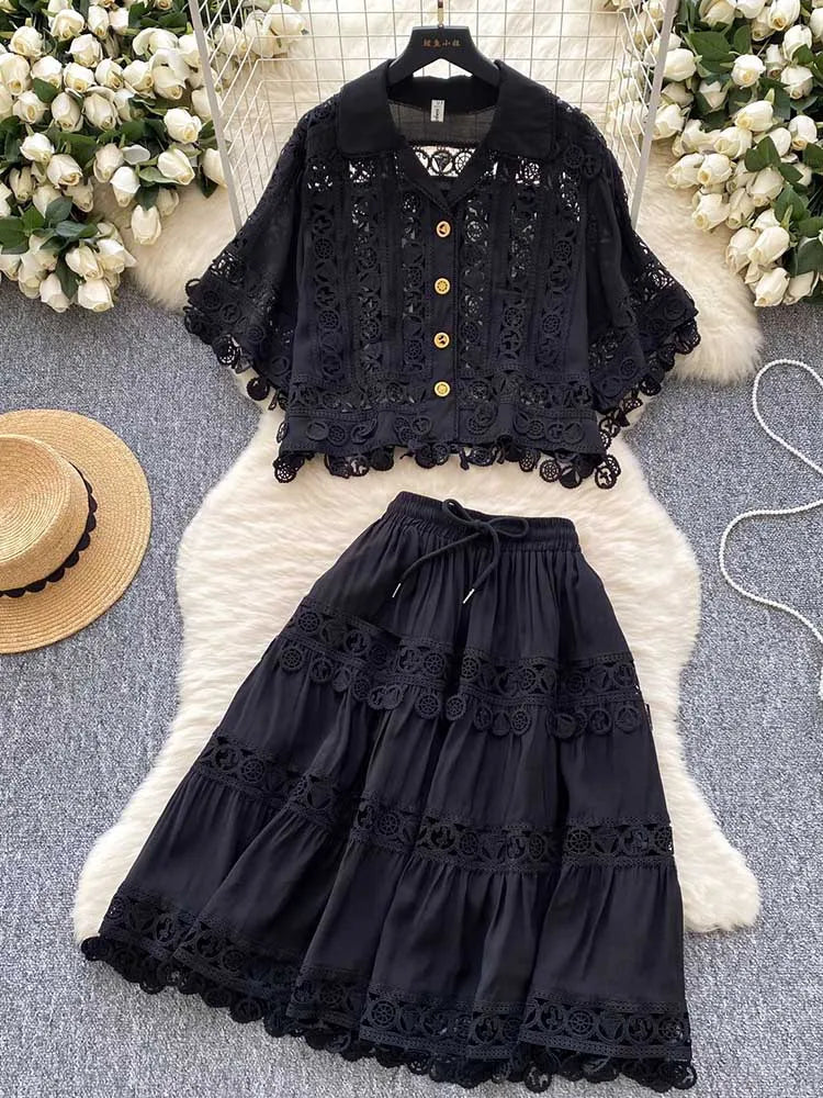 Summer Color Elegant Shirt Skirt Set