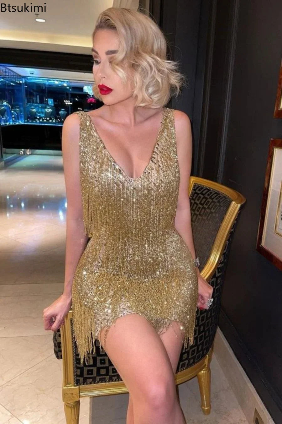 New  Sexy Tassel V Neck Backless Club Night Dresses