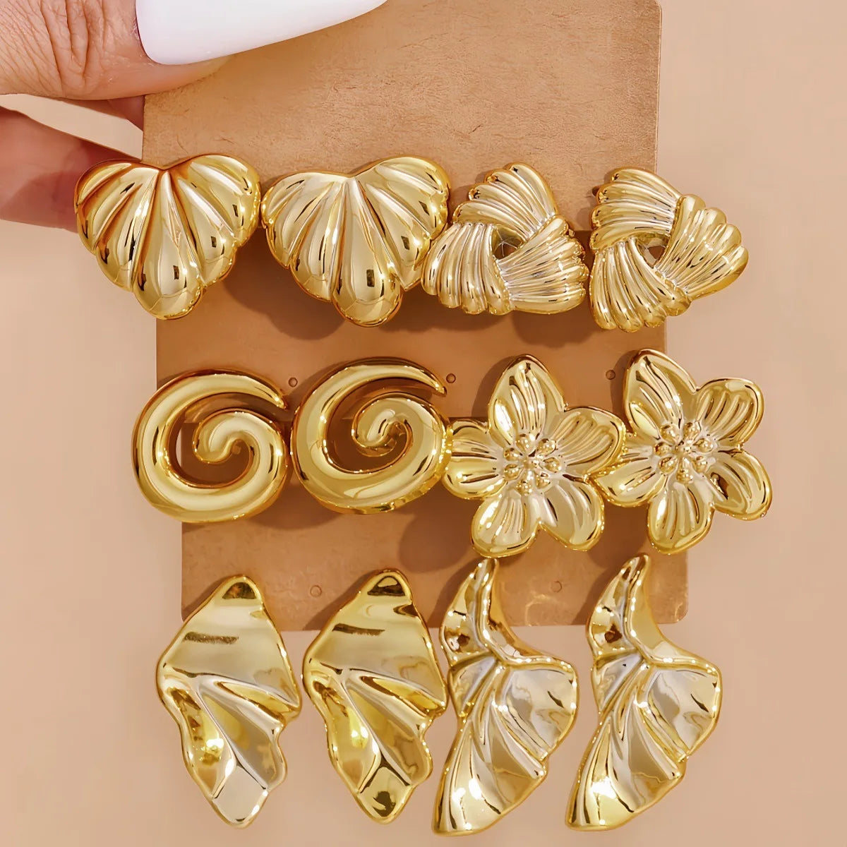 9-Pair Golden Resin Earrings Set – Starfish, Seashell &amp; Textured C-Shape Collection