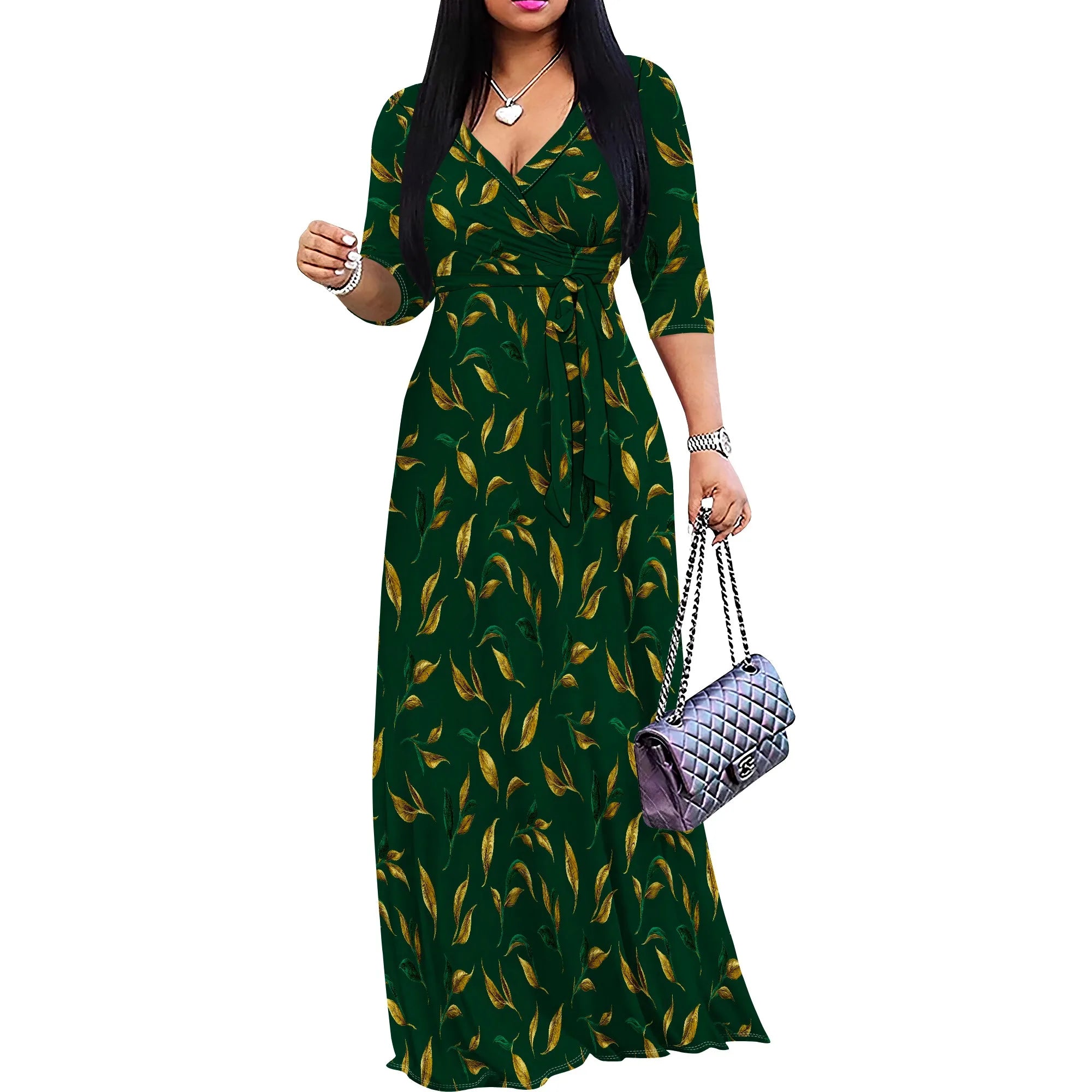 Tropical Leaf Print V-Neck Maxi Dress