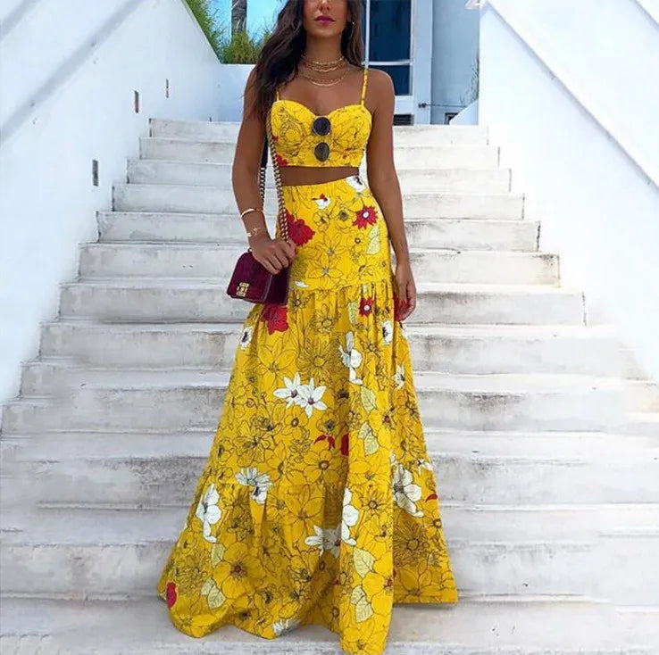 Colorful Print Rich Colors Spaghetti Strap Floor Length Sleeveless Lady Tank Top Skirt Suit