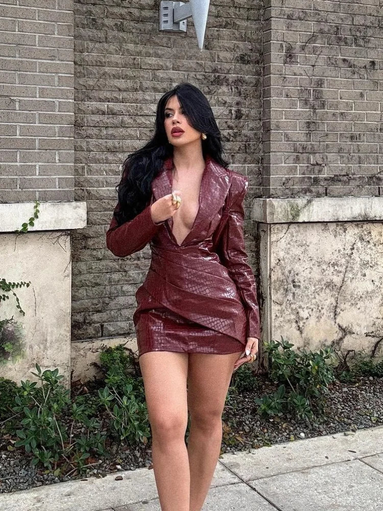 Sexy Deep V Red Lattice Leather Mini Dress