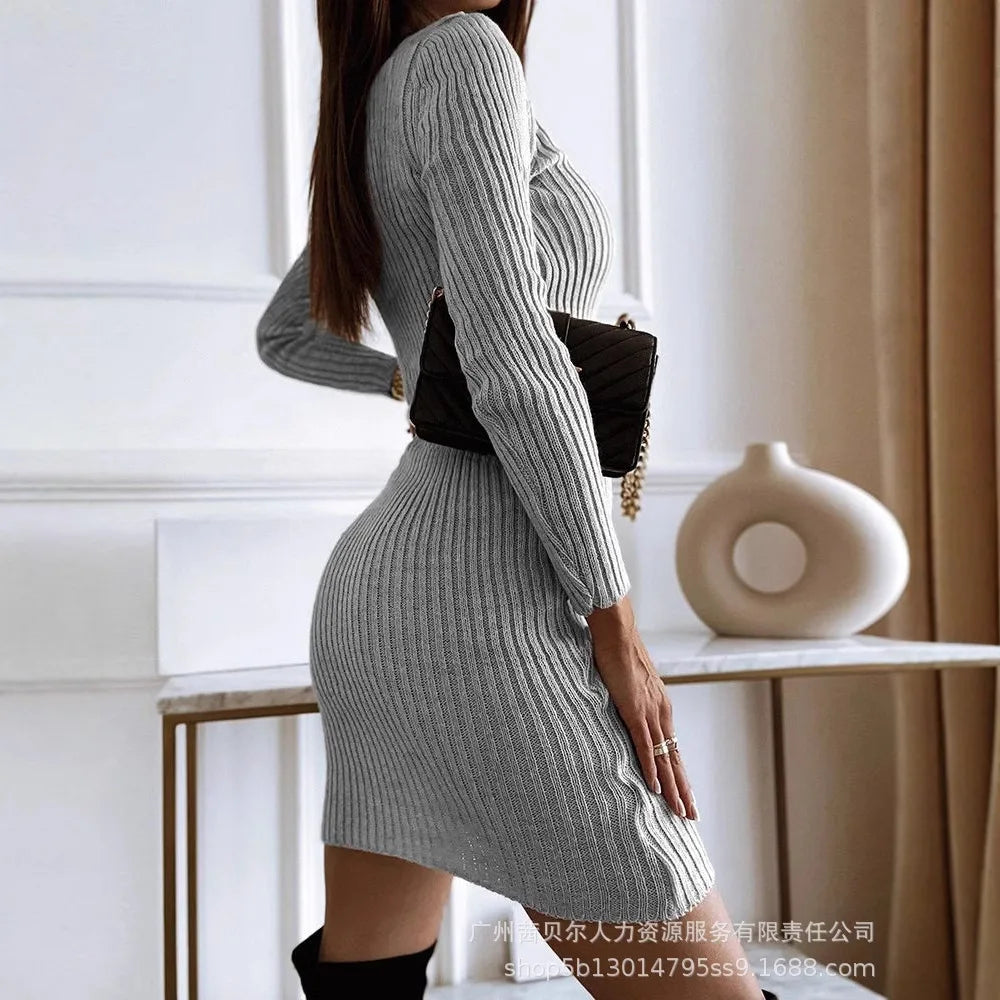 Knitted V Neck Full Sleeve Lace Up High Waist Drawstring Dress