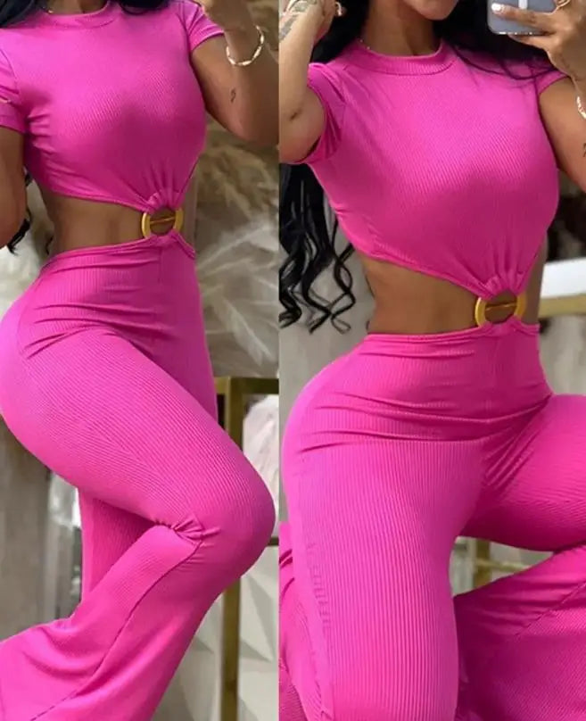 Sexy O-Ring Decor Cutout Short Sleeve Jumpsuit