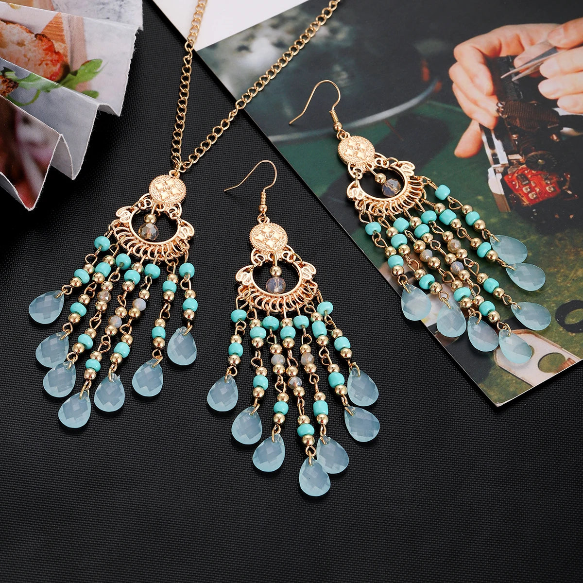 Bohemian Multicolor Crystal Long Tassel Dangle Earrings & Necklace Set – Retro Gold-Plated Geometric Wedding Jewelry