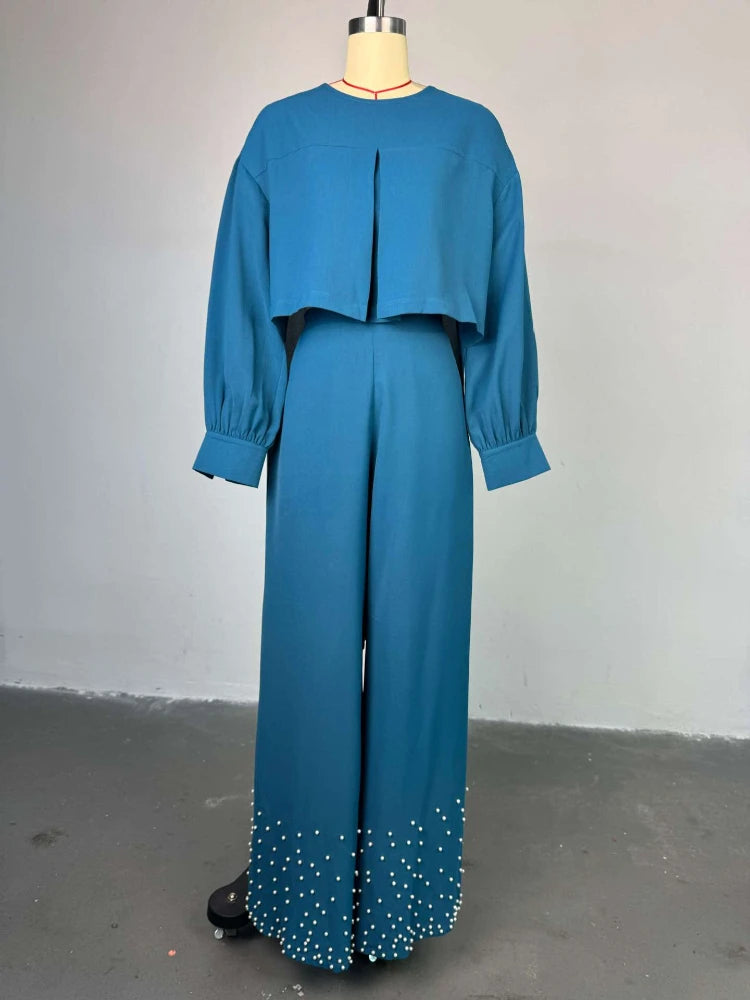 O Neck Long Lantern Sleeve Tops Embroidered Flares Wide Leg Trousers
