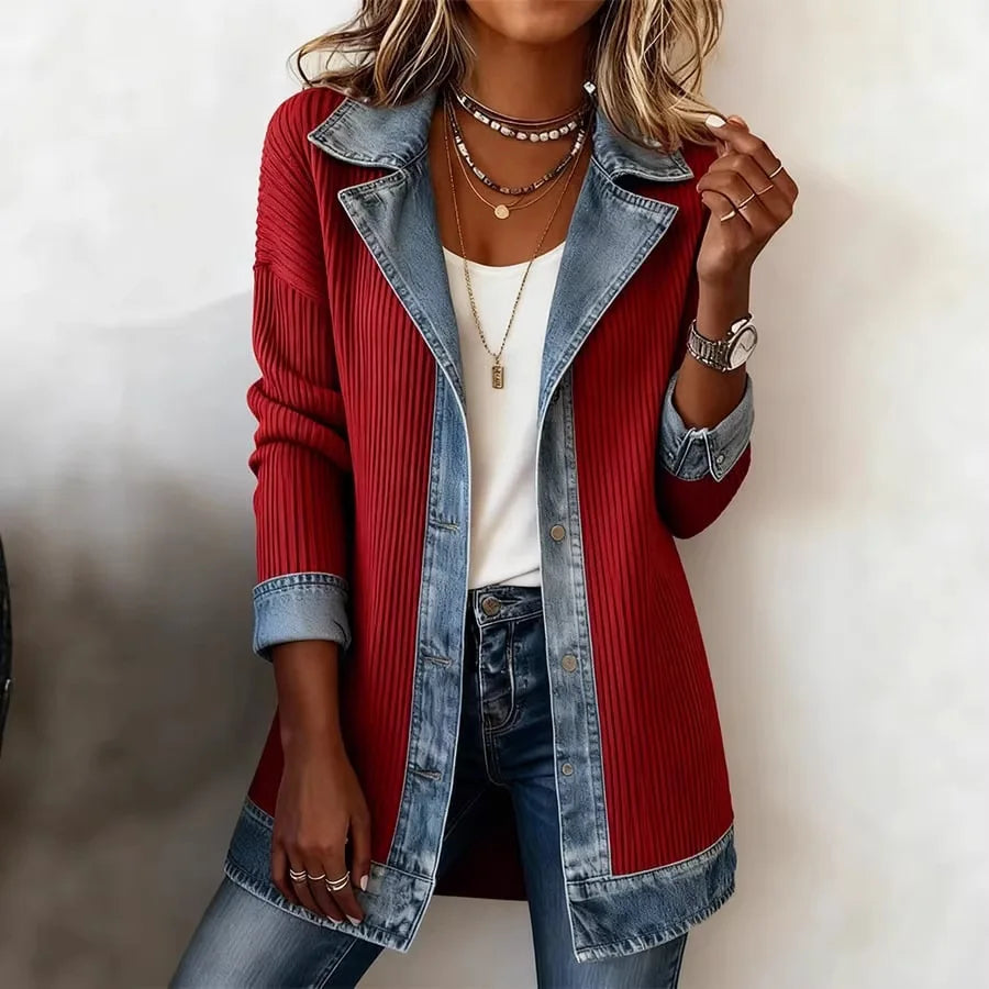 Women’s Slim Patchwork Coat – Autumn & Spring Turn-Down Collar Jacket with Metallic Buttons
