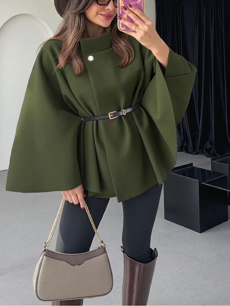 Elegant Woolen Cape Coat for Women – Belted, Fitted Waist, Winter Chic One-Piece