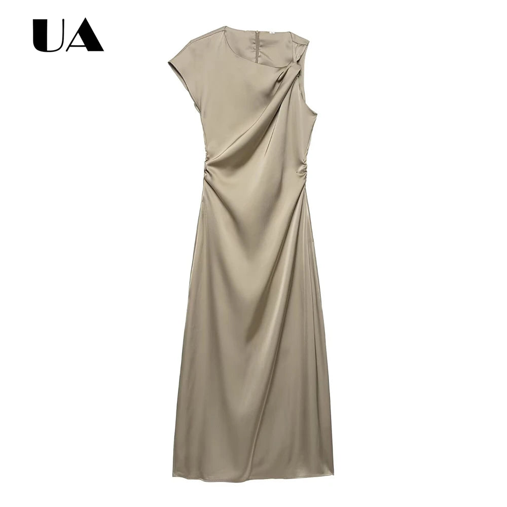 Minimalist Satin  Asymmetric Neck Sleeveless Ruched Waist Casual Formal Maxi Dress