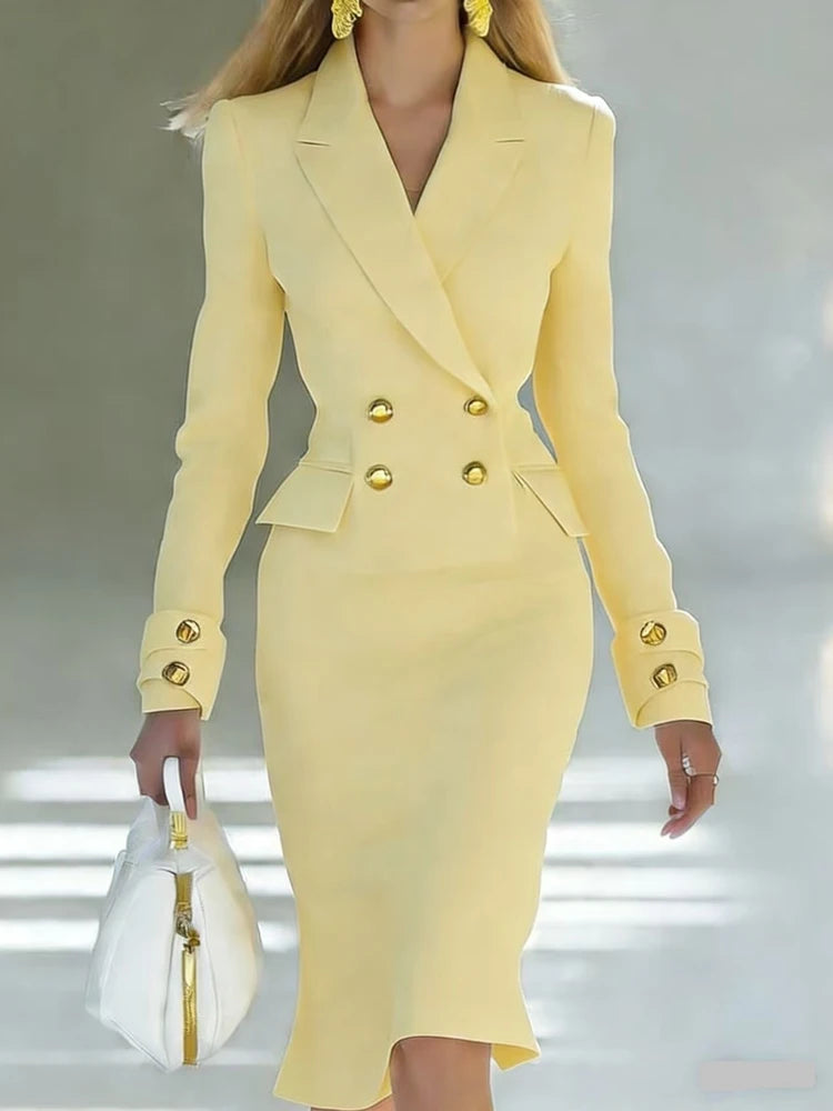 Elegant V‑Neck Double‑Breasted Blazer Dress