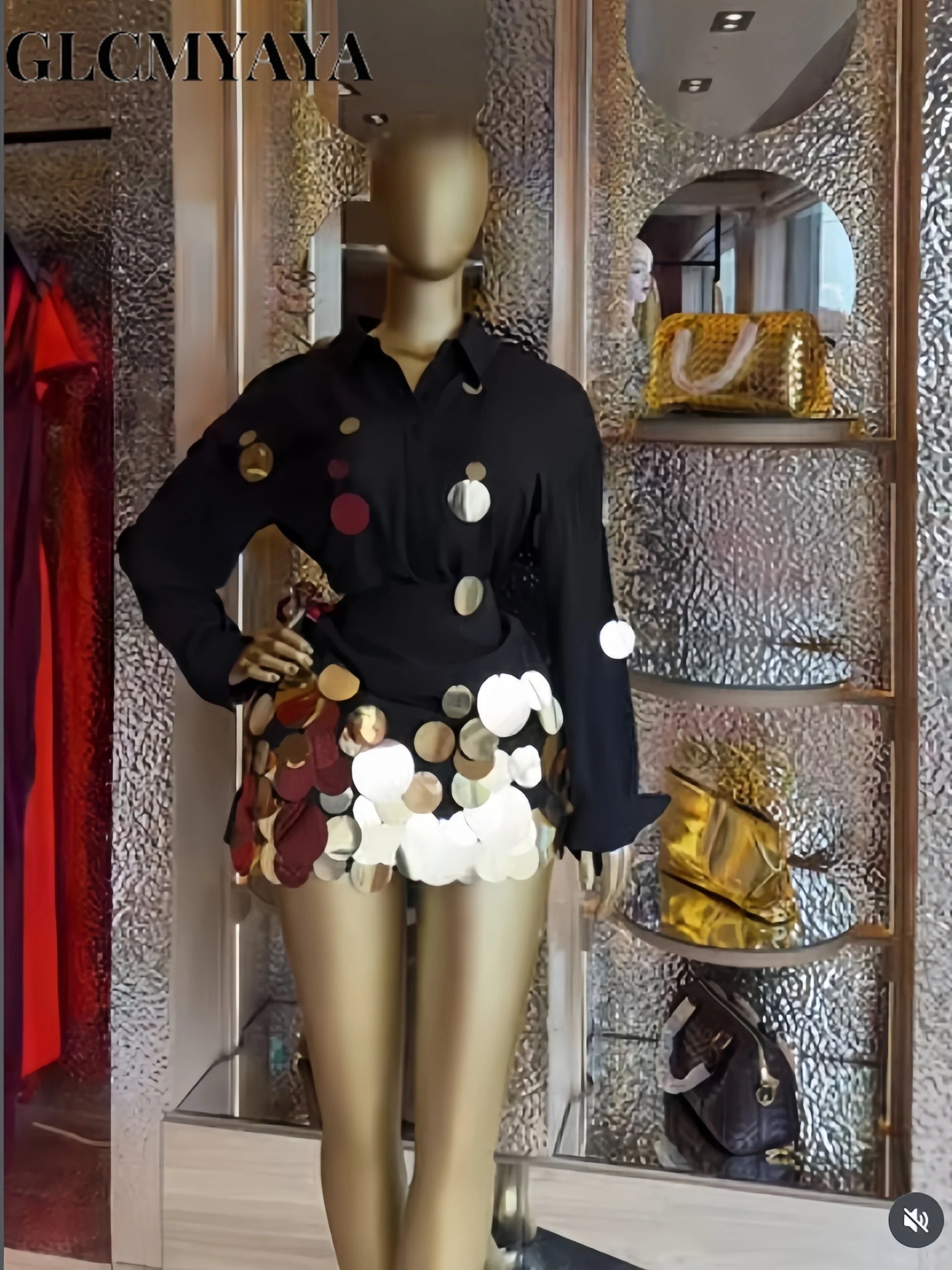 Fashion Sequined Splicing  Lapel Collar Shirt and Midi A-line Skirt Suit