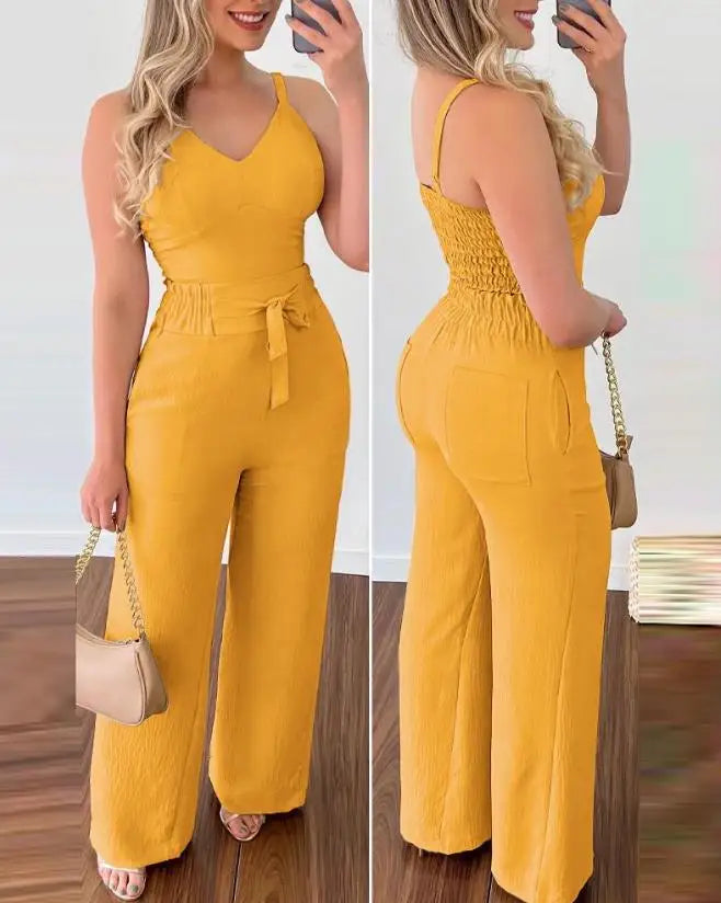 Casual Summer Two-Piece Solid Color V-Neck Elastic Vest Top and High Waisted Pocket Tied Wide Leg Commuting Pants Set