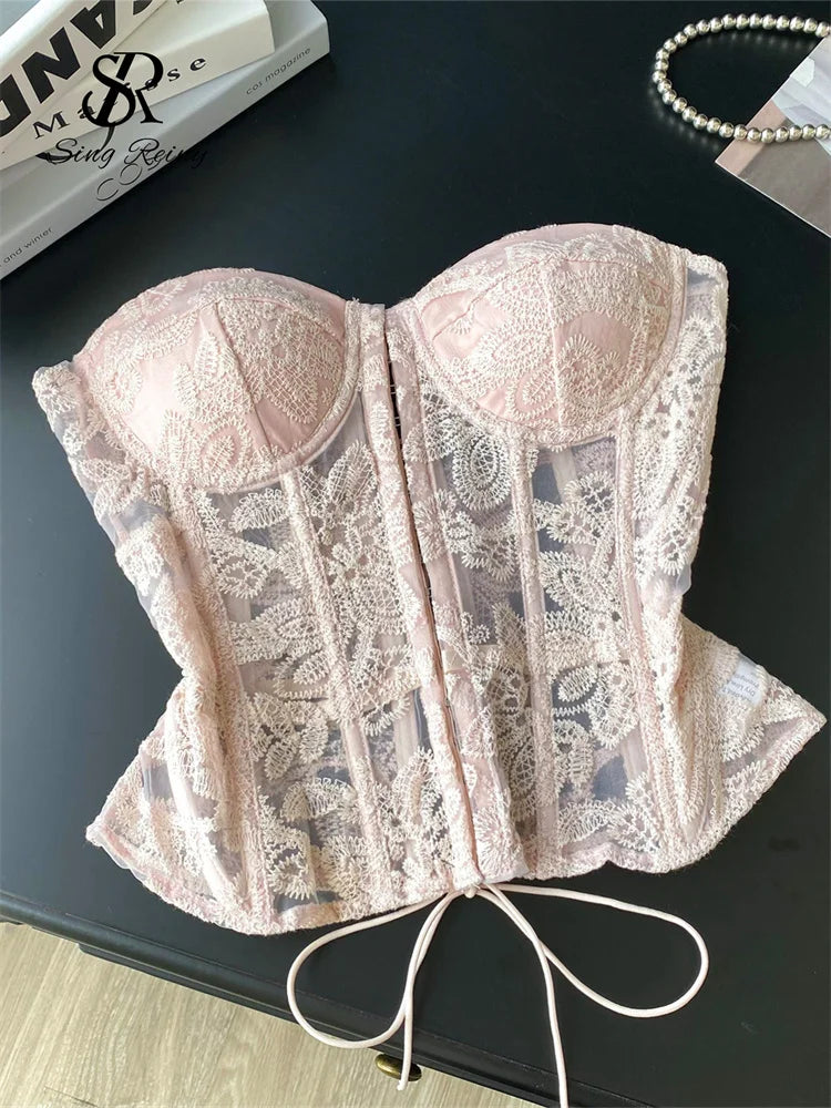 Floral Embroidery Sexy  Strapless Slim Corset Backless Tank Top