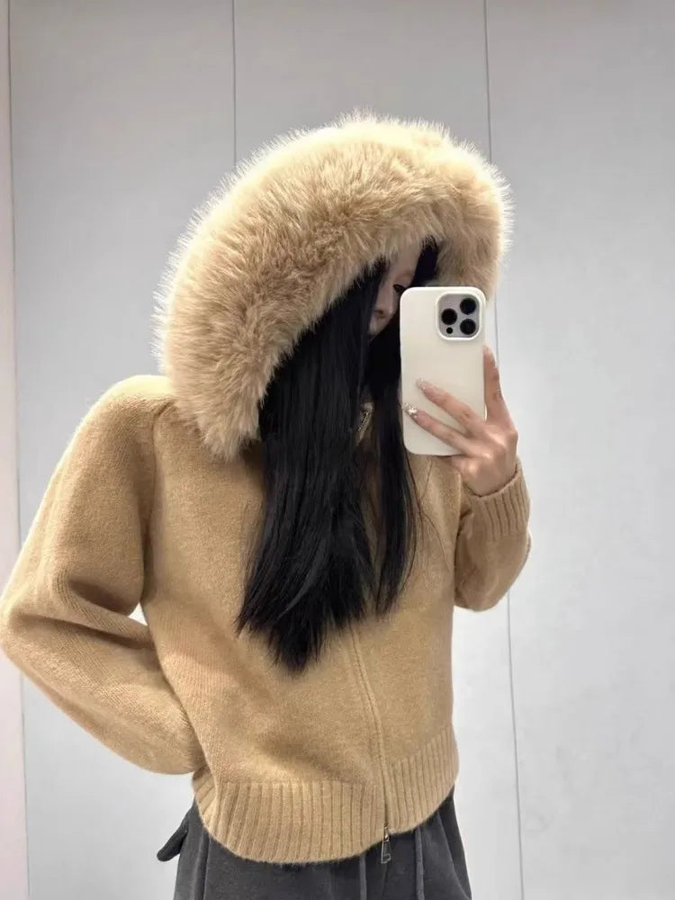 Autumn And Winter High-End Sense Fur Collar Hooded Lazy Style Knitted Top